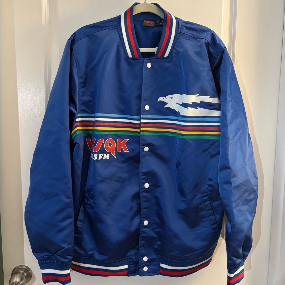 Stranger things Vintage-Inspired Blue Satin Bomber Jacket Sz XL